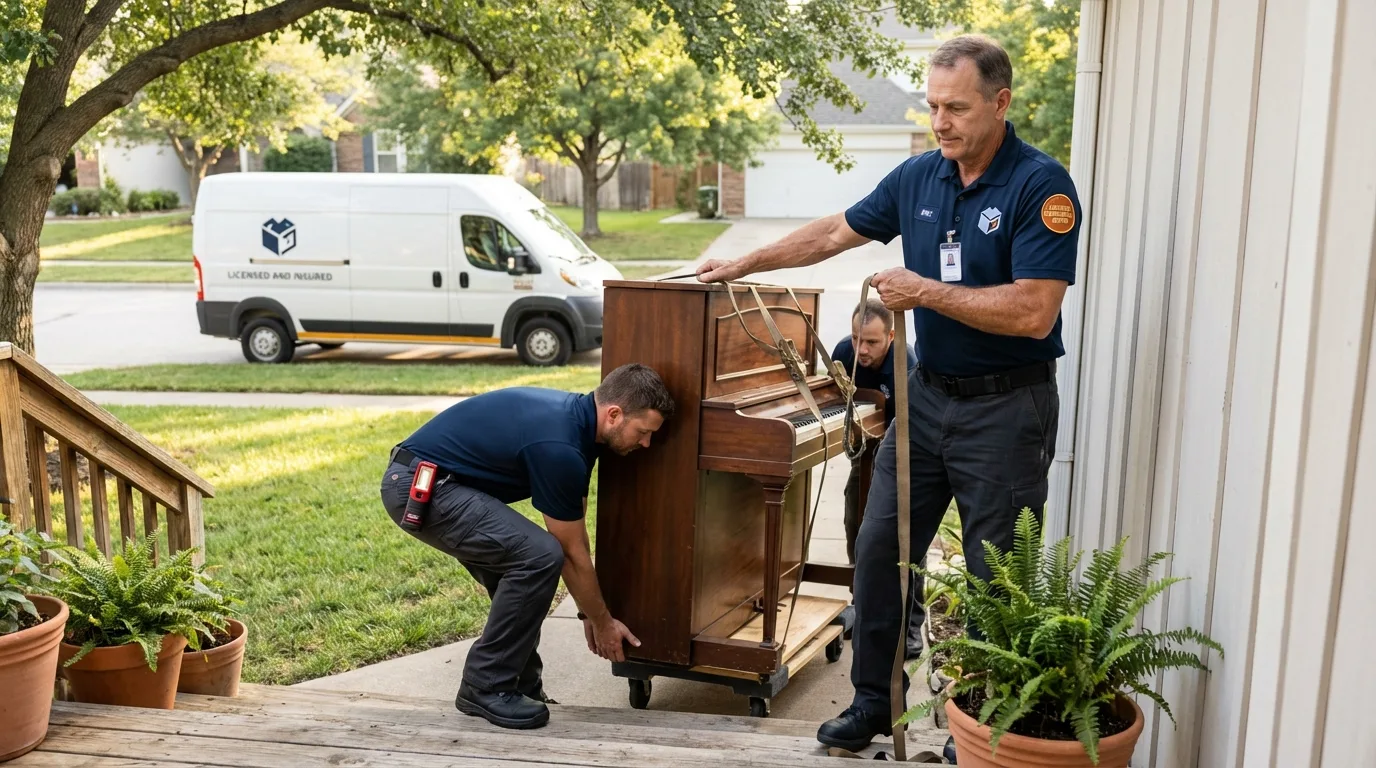 Licensed piano movers securing grand piano in Excelsior, MN