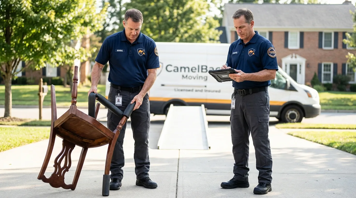 Movers inspecting furniture for damage prevention before loading in Excelsior, MN